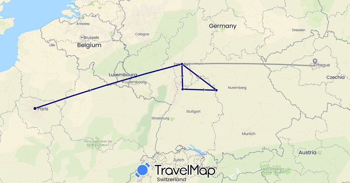 TravelMap itinerary: driving, plane in Czech Republic, Germany, France (Europe)